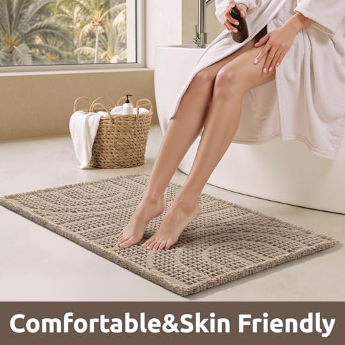 AMOAMI Waffle Bath Mat Non-Slip Absorbent Machine Washable Brown 17x40