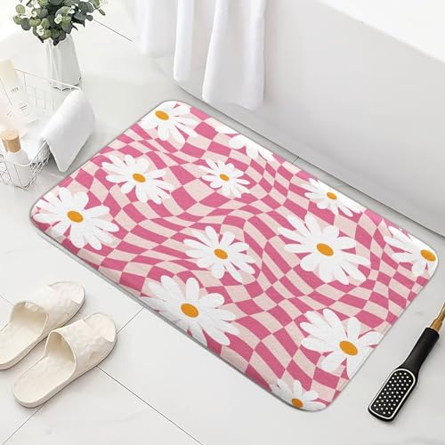 Pink Checkered Bath Mat 16X24in Flannel Non-Slip