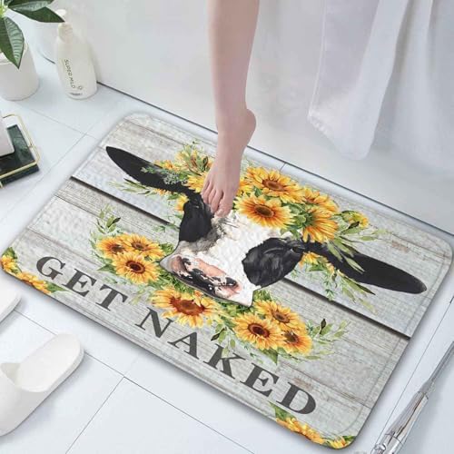 JAWO Farmhouse Wooden Cow Bath Rug Set - Rustic Sunflower Design