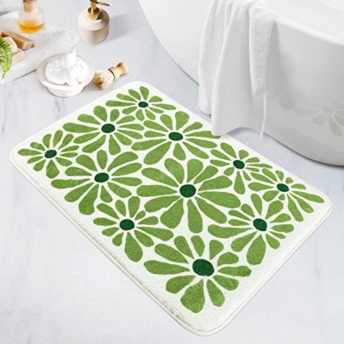 Green Floral Bath Mat 21x30in Non-Slip Microfiber Rug for Bathroom