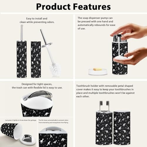 Bathroom Accessory Set 6 Piece Boho Dinosaur Trash Can Holder