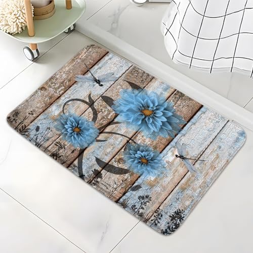 Rustic Blue Dahlia Bath Rug with Dragonfly Design 1
