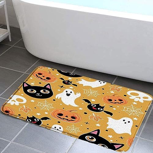 Spooky Halloween Bath Mat with Black Cat and Ghost Design