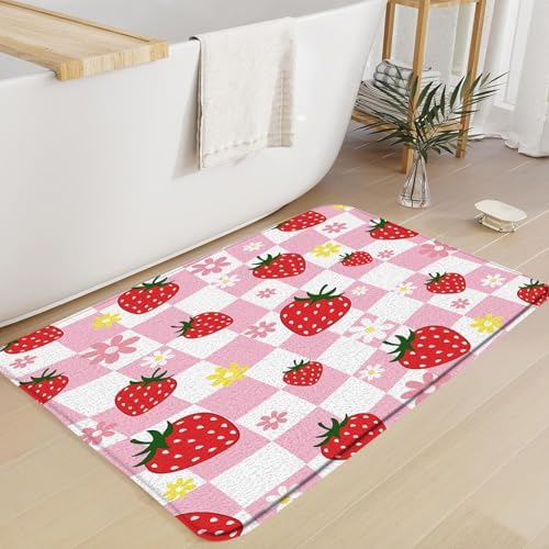 Strawberry Bath Mat with Cute Floral Design