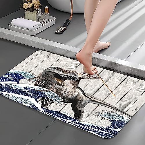 Funny Cat Bathroom Rugs Non-Slip Dinosaur Mat Japanese Wave Design