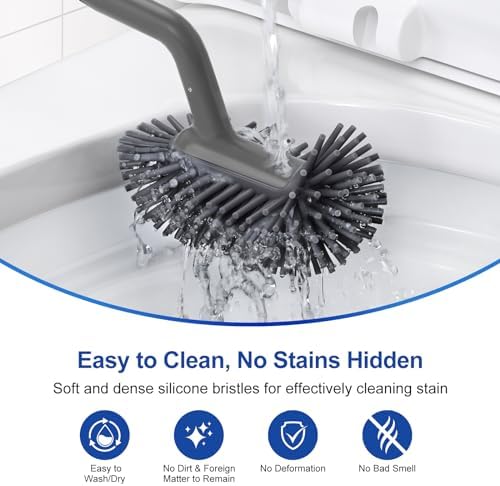 HAMITOR Toilet Brush Holder Set with Curved Bristles and Silicone Head
