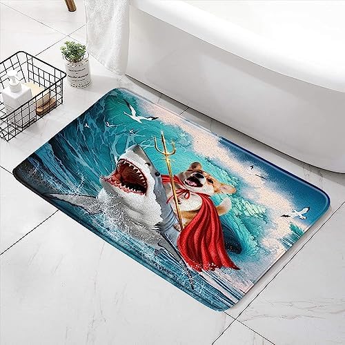 SATRTUD Nautical Animal Bath Mat Funny Dog on Shark with Blue Waves