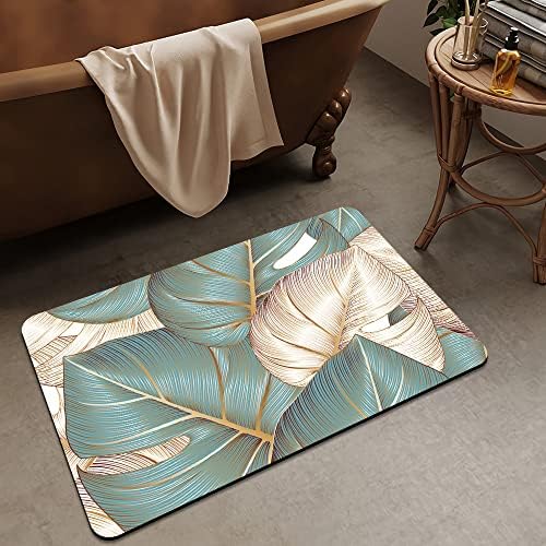 DJSOK Bath Mat Rug Floral with Golden Monstera Leaves