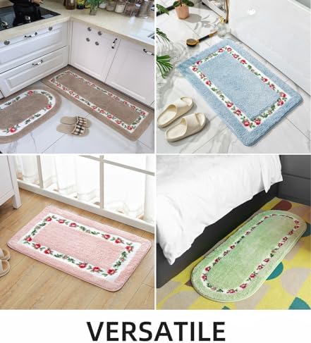 QMEAKMONY Rose Flower Shaggy Bath Mat Green 16x24 in