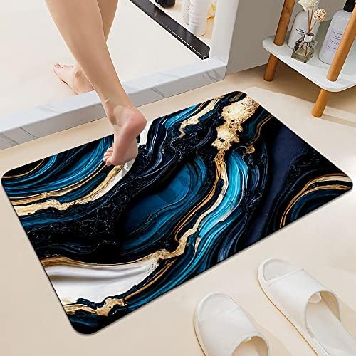 Blue Gold Liquid Marble Bath Mat Rug 16x24 Rectangle