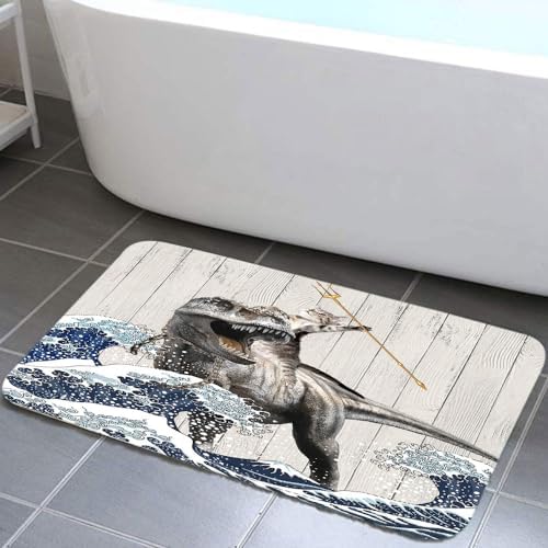 Funny Cat Bathroom Rugs Non-Slip Dinosaur Mat Japanese Wave Design