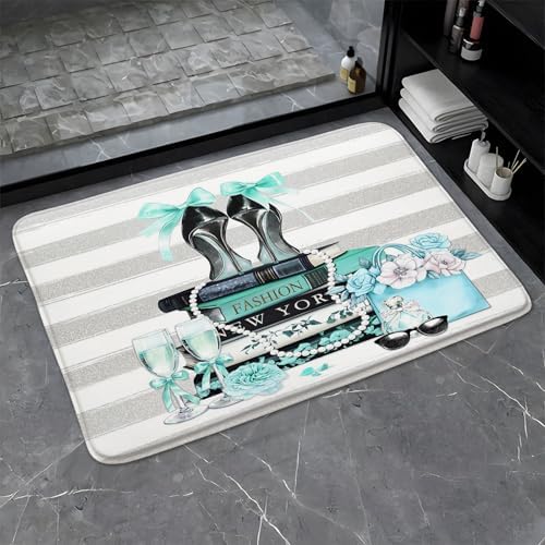 Modern Teal Stripe Bath Mat 178x295