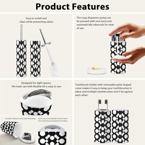 Boho Bathroom Accessory Set 6 Piece Black White Rhombuses 1