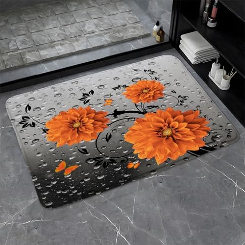 Orange Dahlia Floral Bath Mat with Butterfly Design