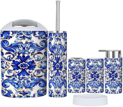 Boho Bathroom Accessory Set 6 Piece with Azulejo Design