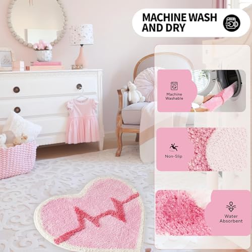 Inshinern Pink Heart Bathroom Rug Non Slip Washable