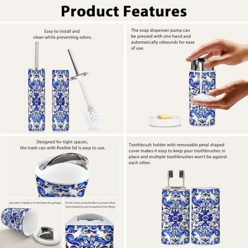 Boho Bathroom Accessory Set 6 Piece with Azulejo Design