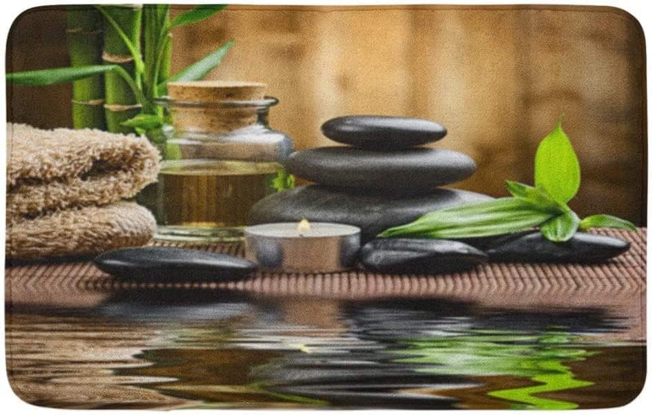 Bodyard Bath Rug with Non Slip Backing and Green Ayurveda Zen Basalt Stones