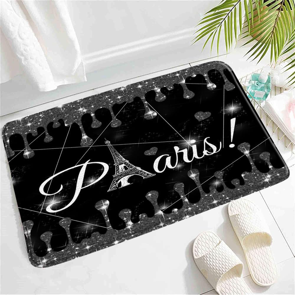 Eiffel Tower Bath Mat Black and White Bling Sparkles Design