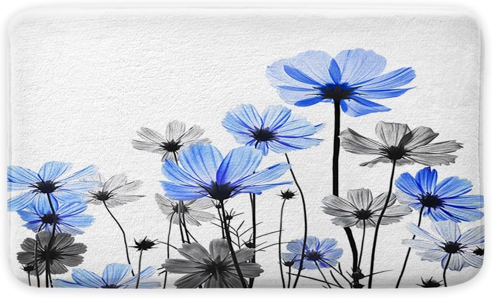 Blue Bath Rugs with Floral Design Soft and Warm