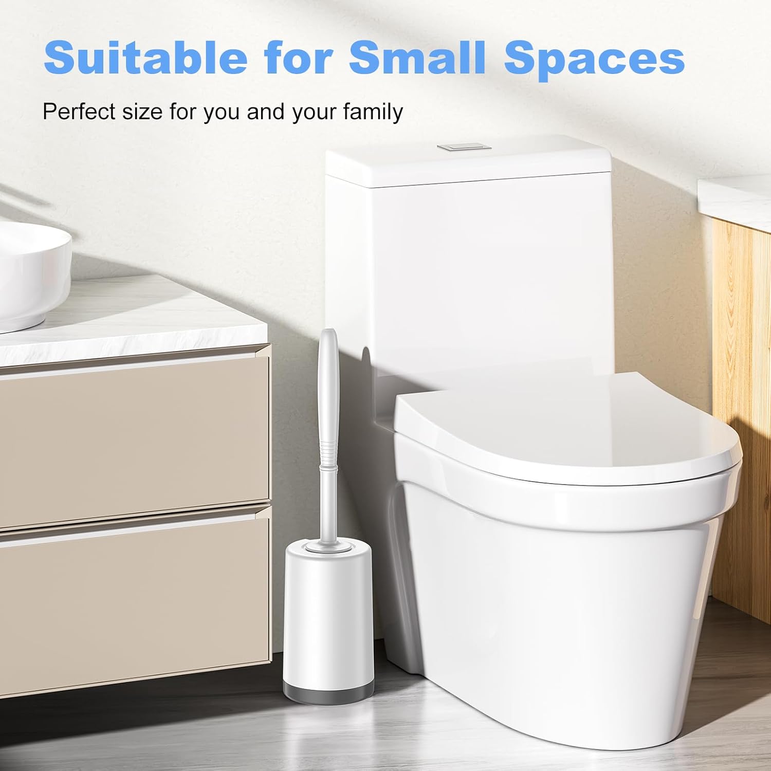 HAMITOR Toilet Bowl Brush Holder Set - Curved Design Space-Saving Modern White 1
