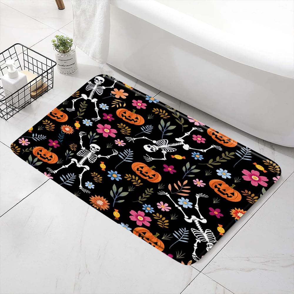 Boho Flower Skull Bath Mat with Non-Slip Backing 1