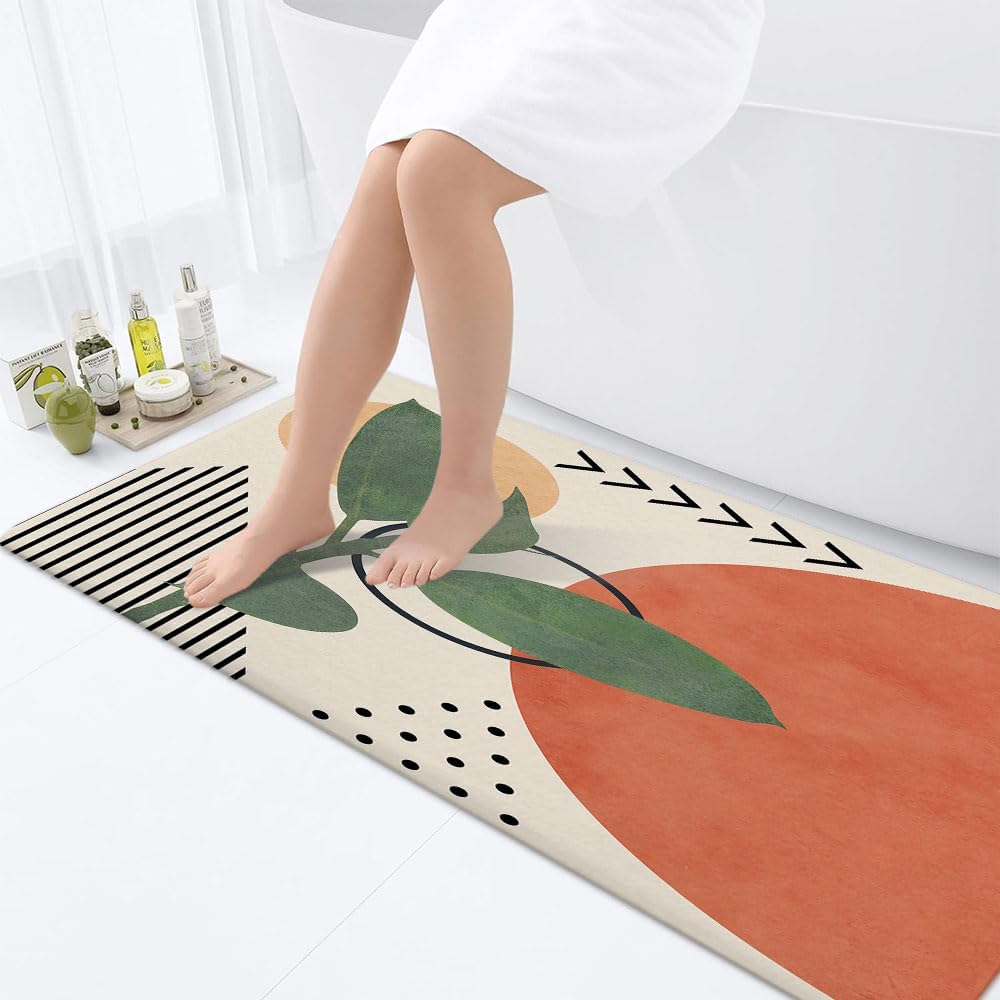 JAWO Modern Boho Bathroom Rug with Terracotta Print