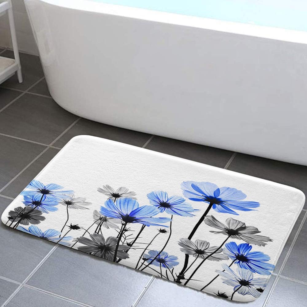 Blue Bath Rugs with Floral Design Soft and Warm