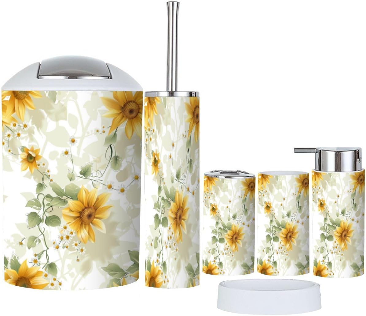 Boho Bathroom Accessory Set 6 Piece with Sunflowers Vines Daisies