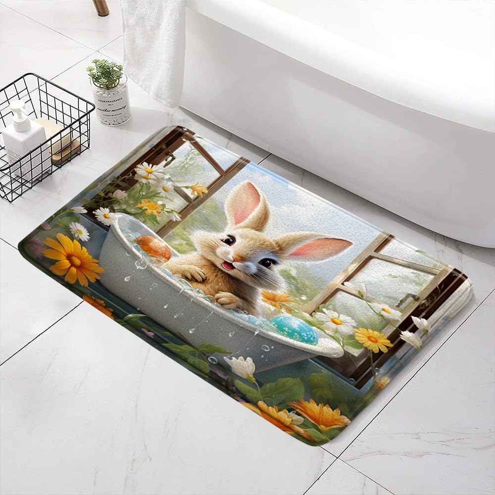 SATRTUD Easter Bunny Bath Mat - Cute Rabbit Egg Sunflower Daisy Design 24x16 Inch