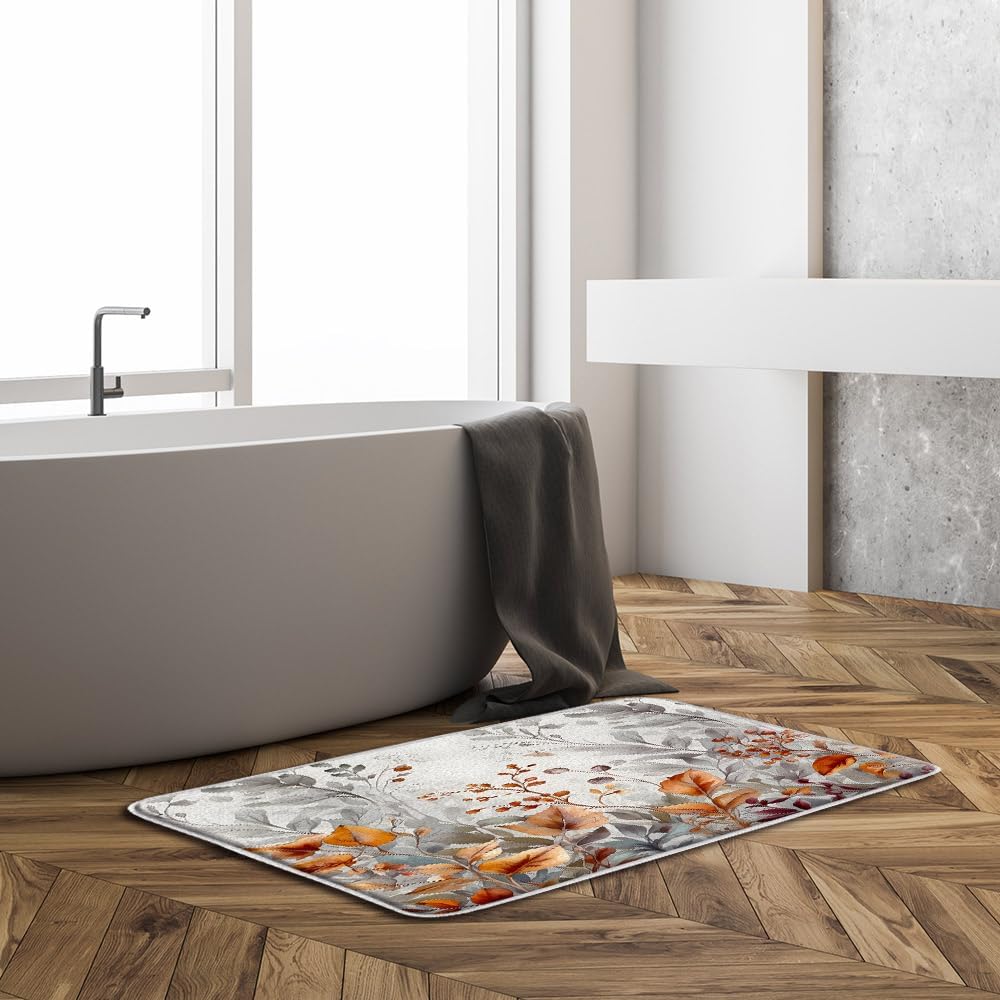Sunhe Leaf Bath Mat with Gray Orange Rustic Design