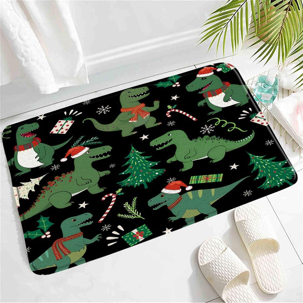SATRTUD Christmas Dinosaur Bath Mat - 24x16 Inch Non-Slip Waterproof
