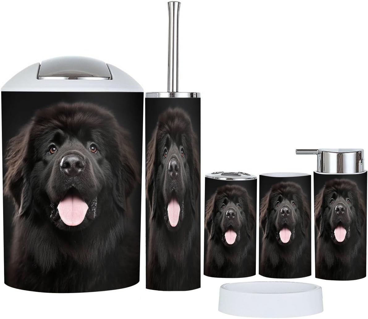 TRANQDEHOM 6-Piece Bathroom Accessory Set with Dog Portrait