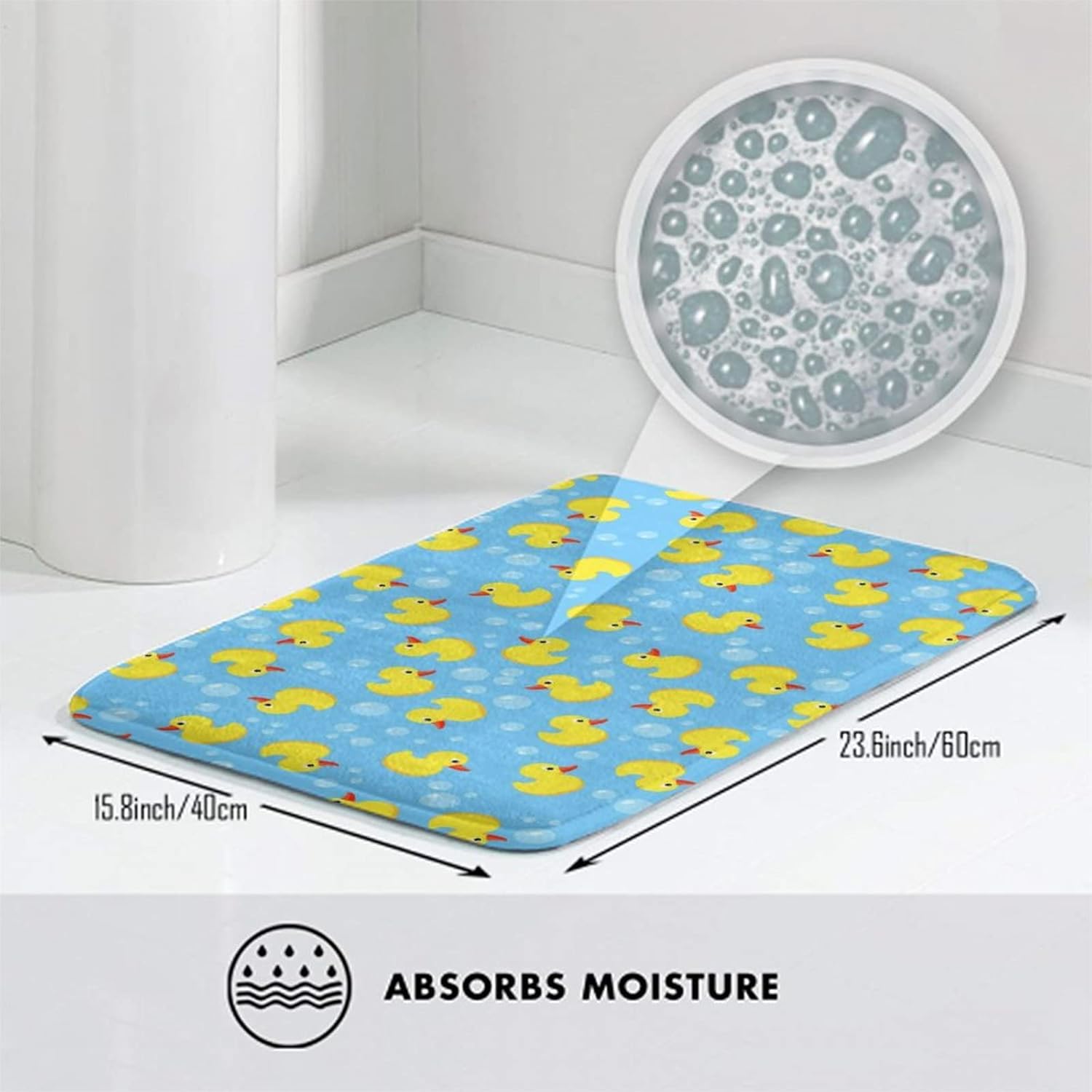 MZERSE Washable Bathroom Rugs with Funny Blue Bubbles and Yellow Rubber Ducks