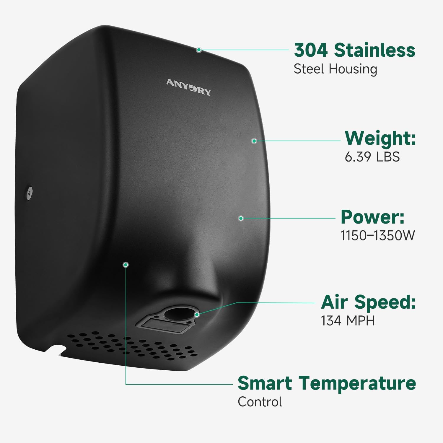 Anydry Compact Hand Dryer with 1350W Power and Matte Black Finish