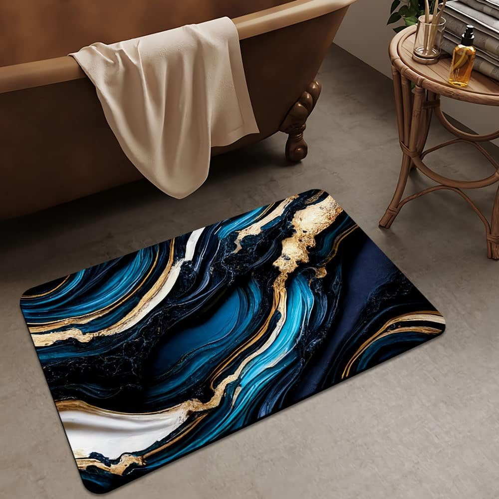 Blue Gold Liquid Marble Bath Mat Rug 16x24 Rectangle