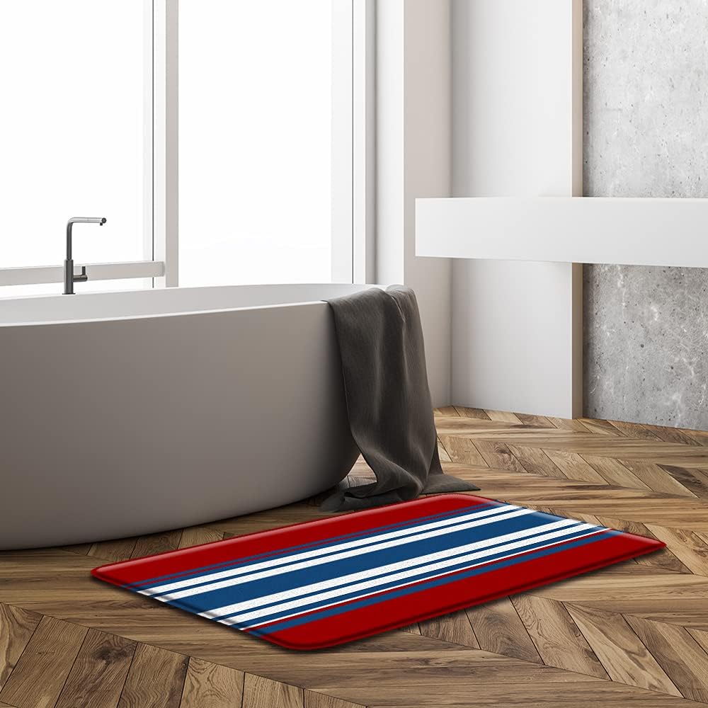 Sunhe Red Navy Bath Mat with Gray and Yellow Stripes