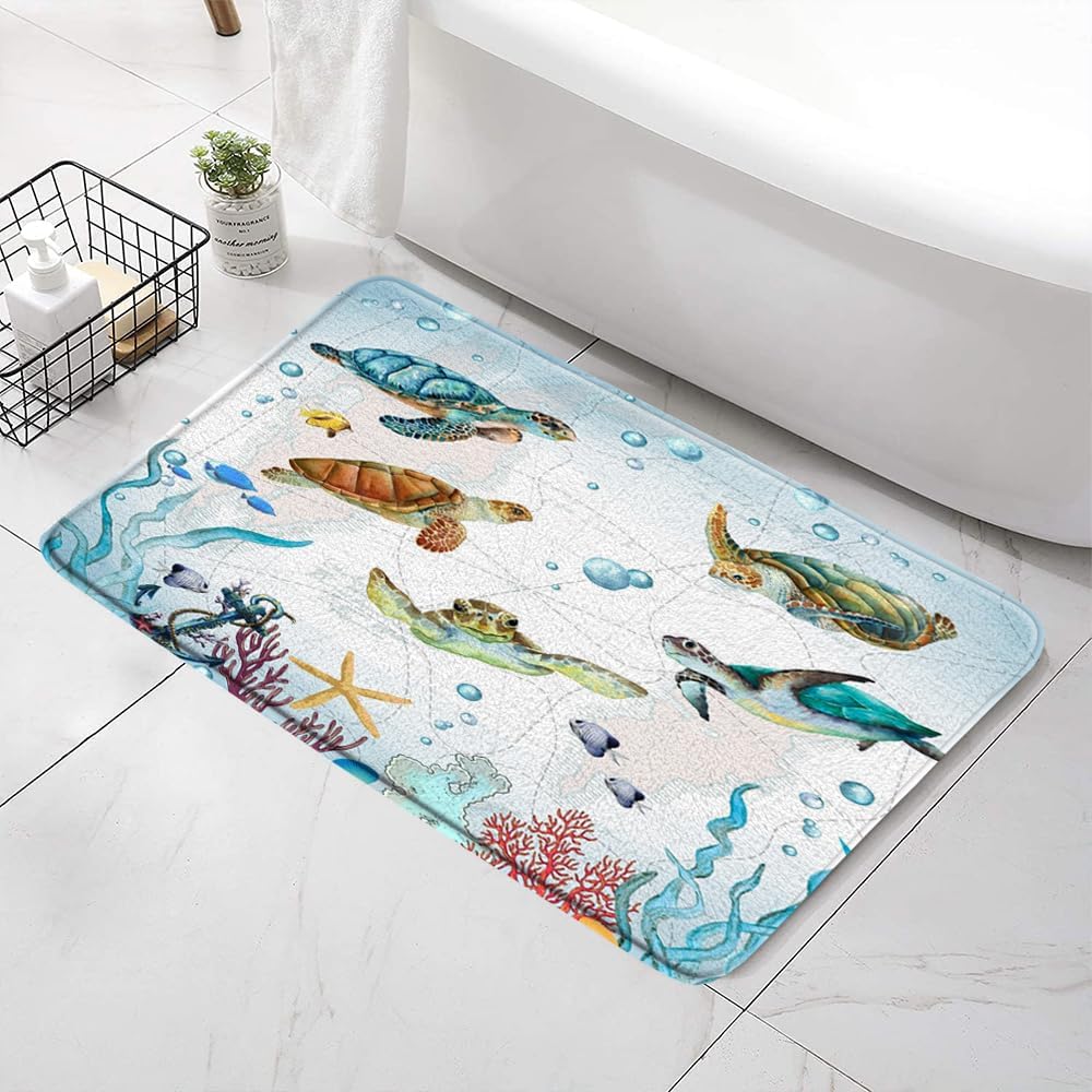 Sea Turtle Bath Mat - Blue Ocean Tropical Fish Rugs