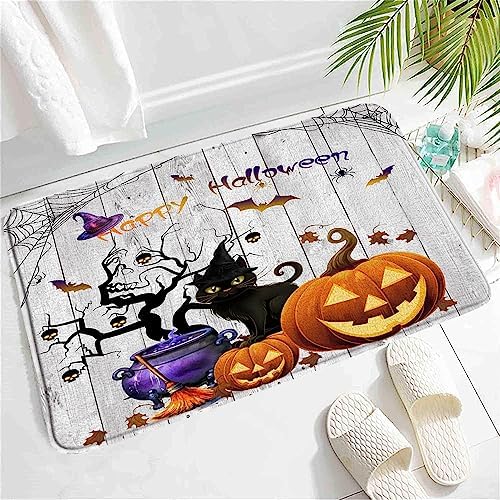 SATRTUD Farmhouse Halloween Bath Mat with Black Cat and Spider Web Design
