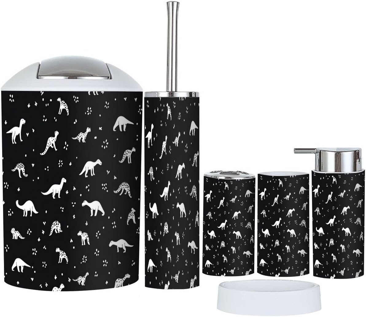 Bathroom Accessory Set 6 Piece Boho Dinosaur Trash Can Holder