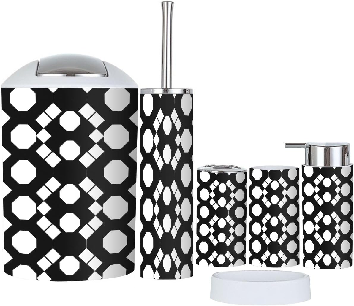 Boho Bathroom Accessory Set 6 Piece Black White Rhombuses 1