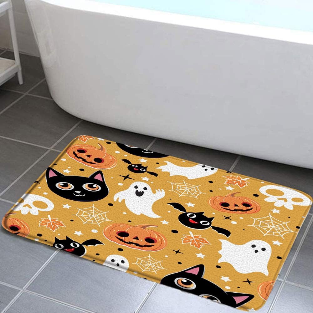 Spooky Halloween Bath Mat with Black Cat and Ghost Design