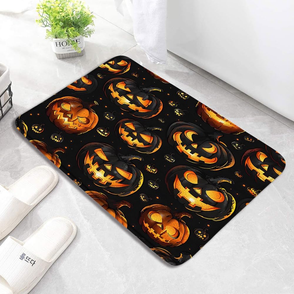 Spooky Halloween Bath Mat with Black Orange Ghosts