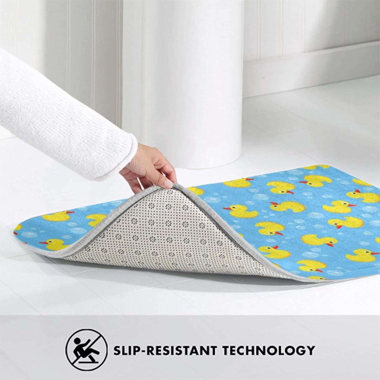 MZERSE Washable Bathroom Rugs with Funny Blue Bubbles and Yellow Rubber Ducks