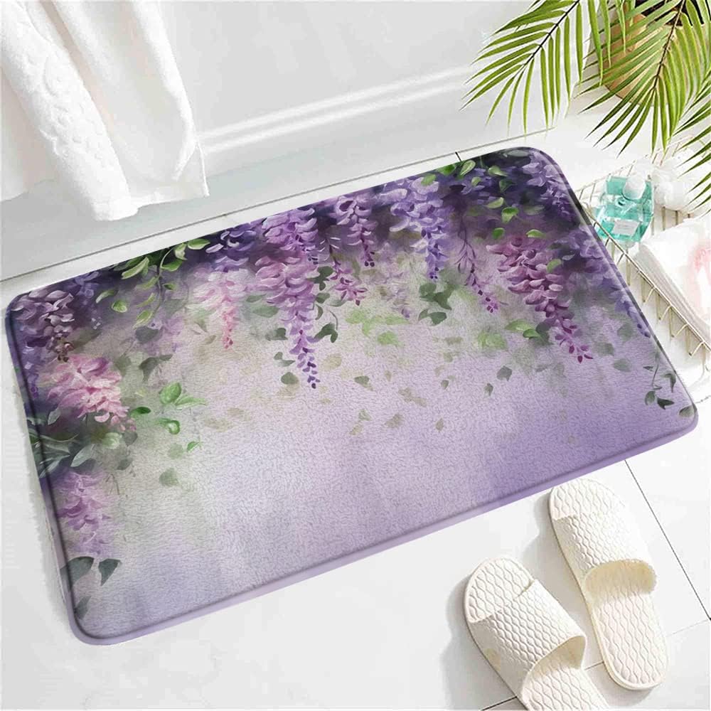 SATRTUD Purple Floral Lavender Bath Mat 24x16 Inch Non-Slip