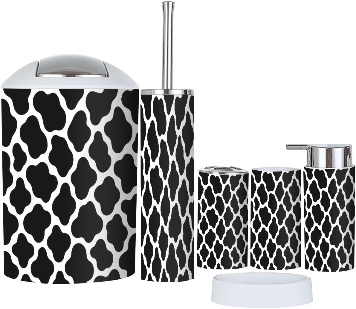 Boho Cow Bathroom Accessory Set 6 Piece Black