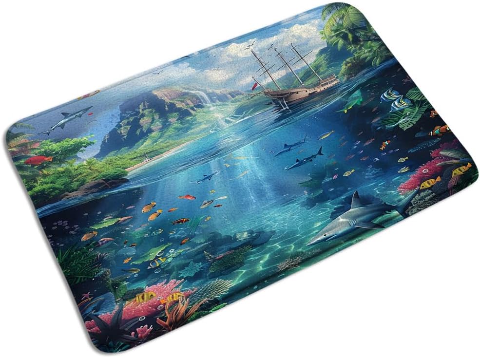 Ocean Coastal Bath Mat Tropical Fish Sailboat Seagull