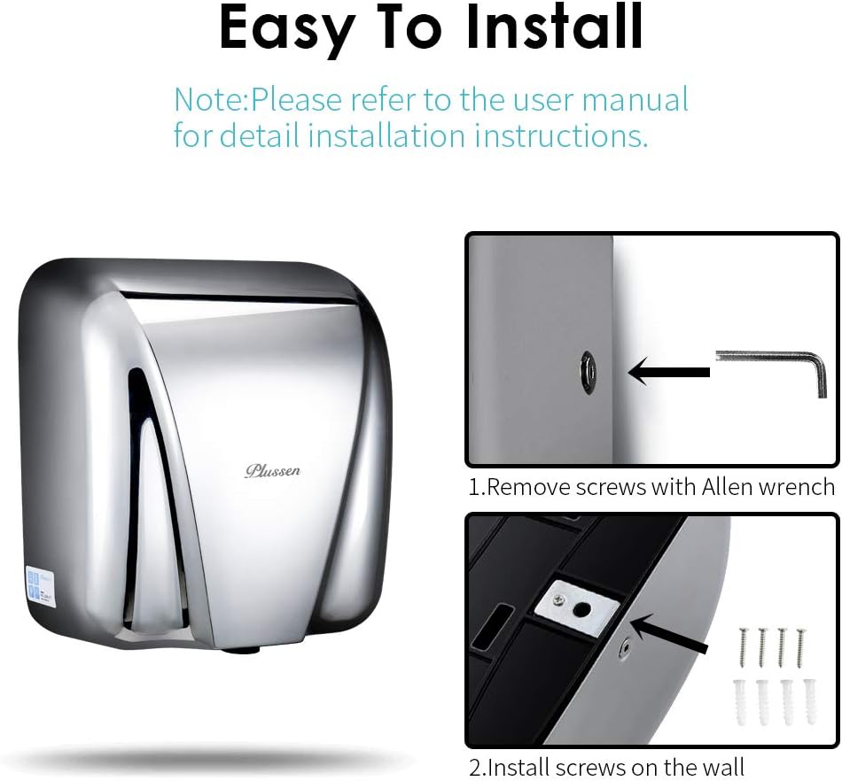 PLUSSEN 1800W Stainless Steel Hand Dryer - Touchless Infrared Sensor