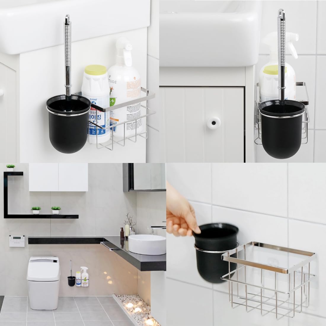 FLYBOT Toilet Brush Scrubber Cleaner with Adhesive Holder and Chrome Basket