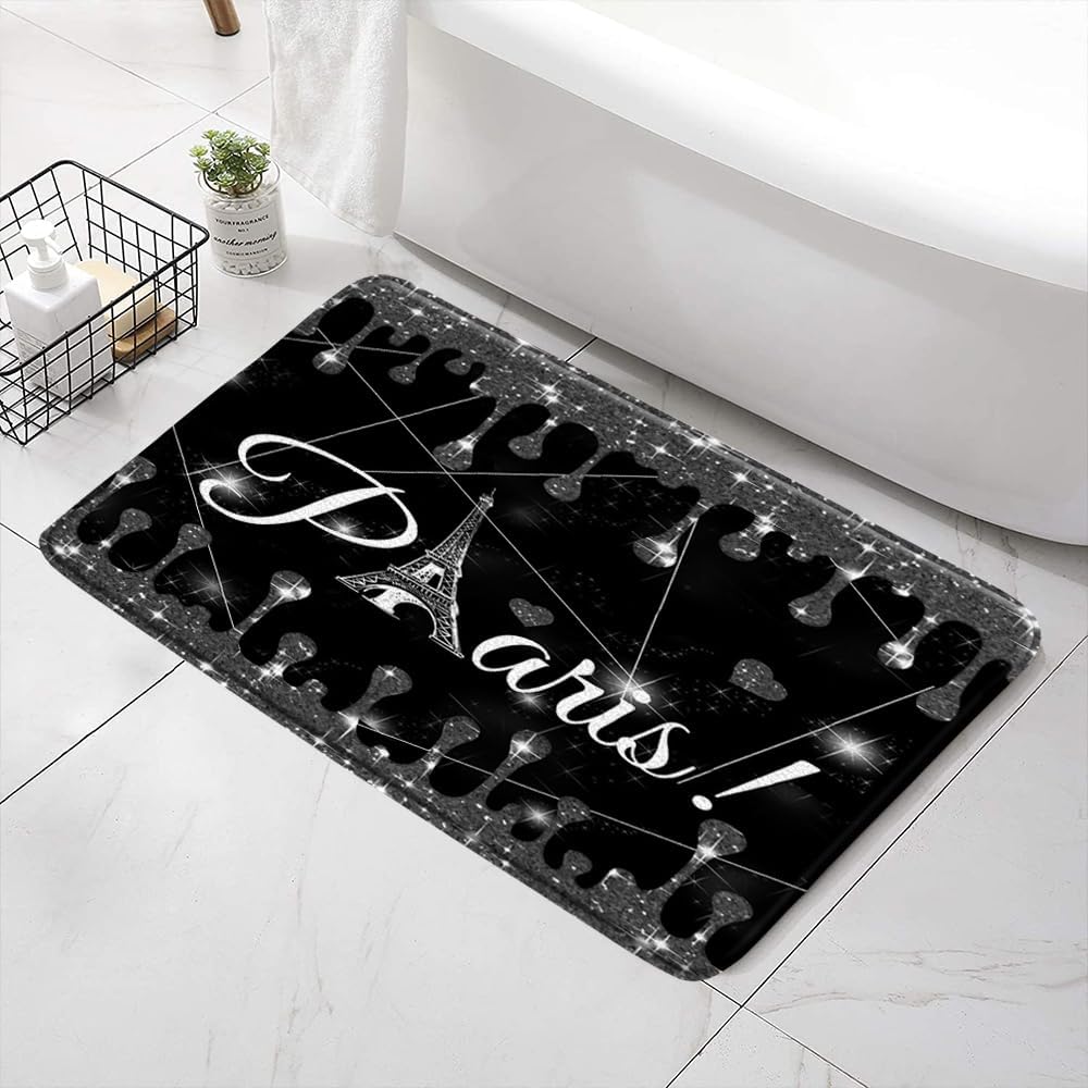 Eiffel Tower Bath Mat Black and White Bling Sparkles Design